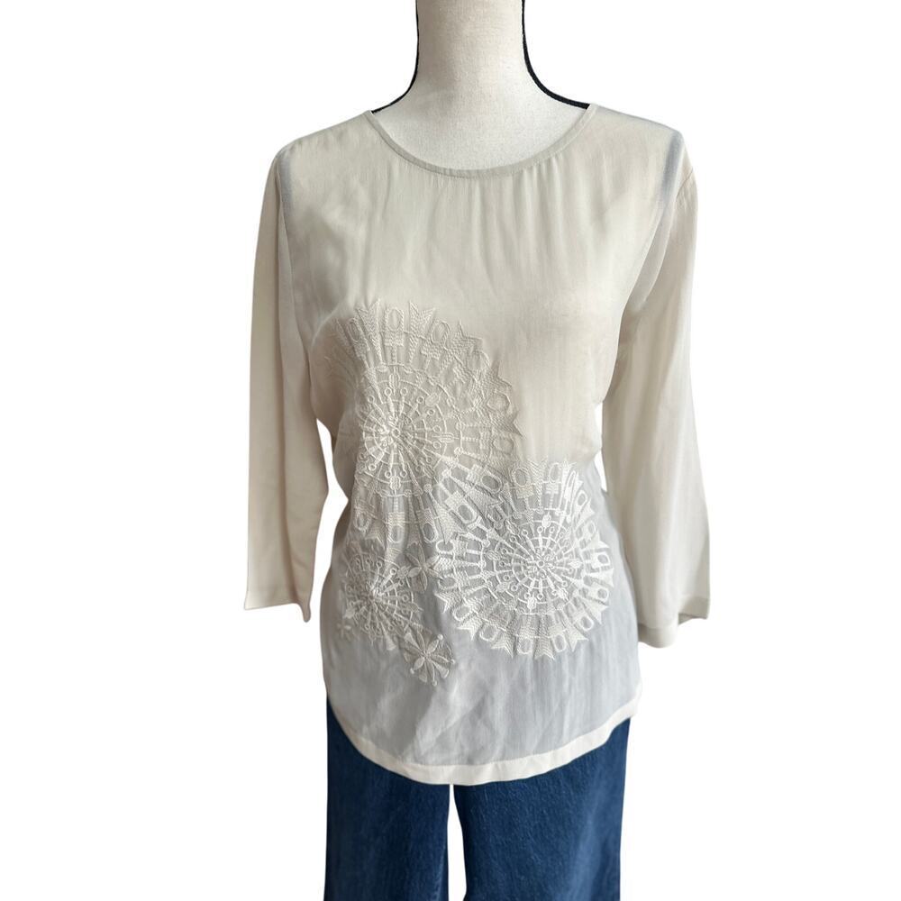 St. Emile Women’s 100% Silk Blouse Embroidered Front White Long Sleeve Size M